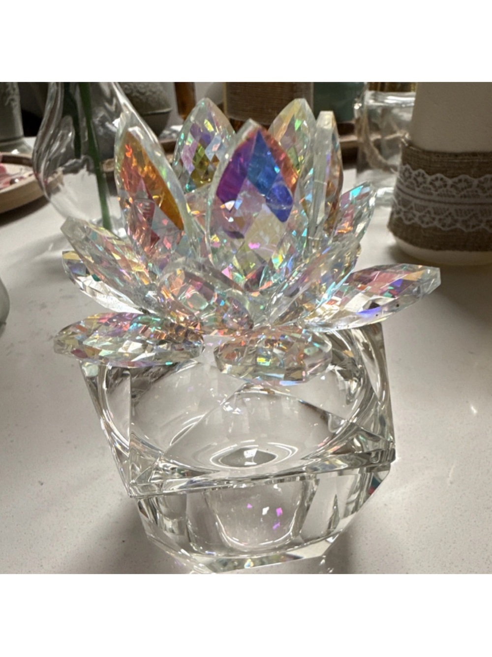 Set of 4 Crystal Lotus Flower Trinket Dish - Iridescent Crystal-dressers, dorms